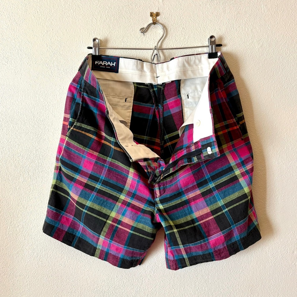 Vintage 70s/80s Farah Plaid Shorts 100% Cotton Made in USA 36" Madras Preppy